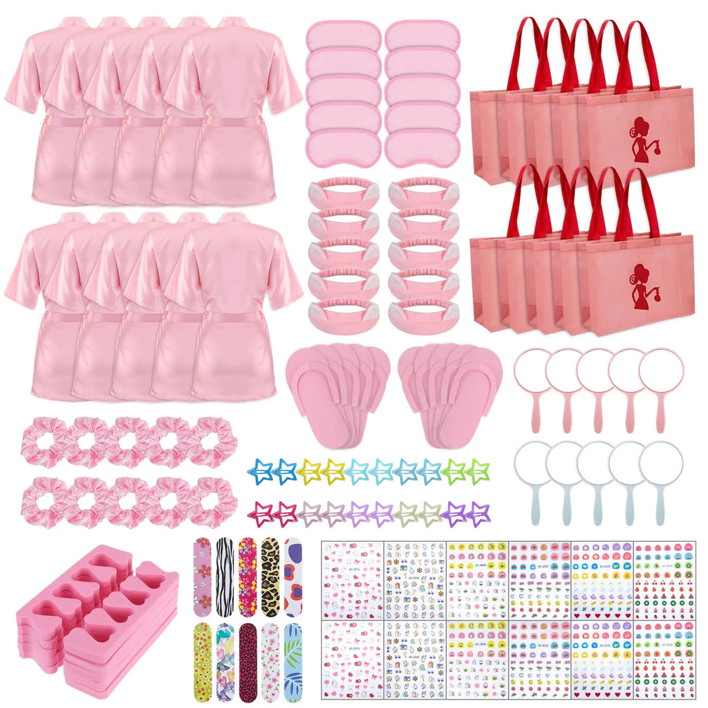 Hoemwarm 10 Set Spa Party Supplies for Girls122 Pcs Slumber Party Favors for Girls Satin Robes Spa Kit Accessories Bulk with Tote BagsKids Nail Salon Spa Birthday Party Supplies