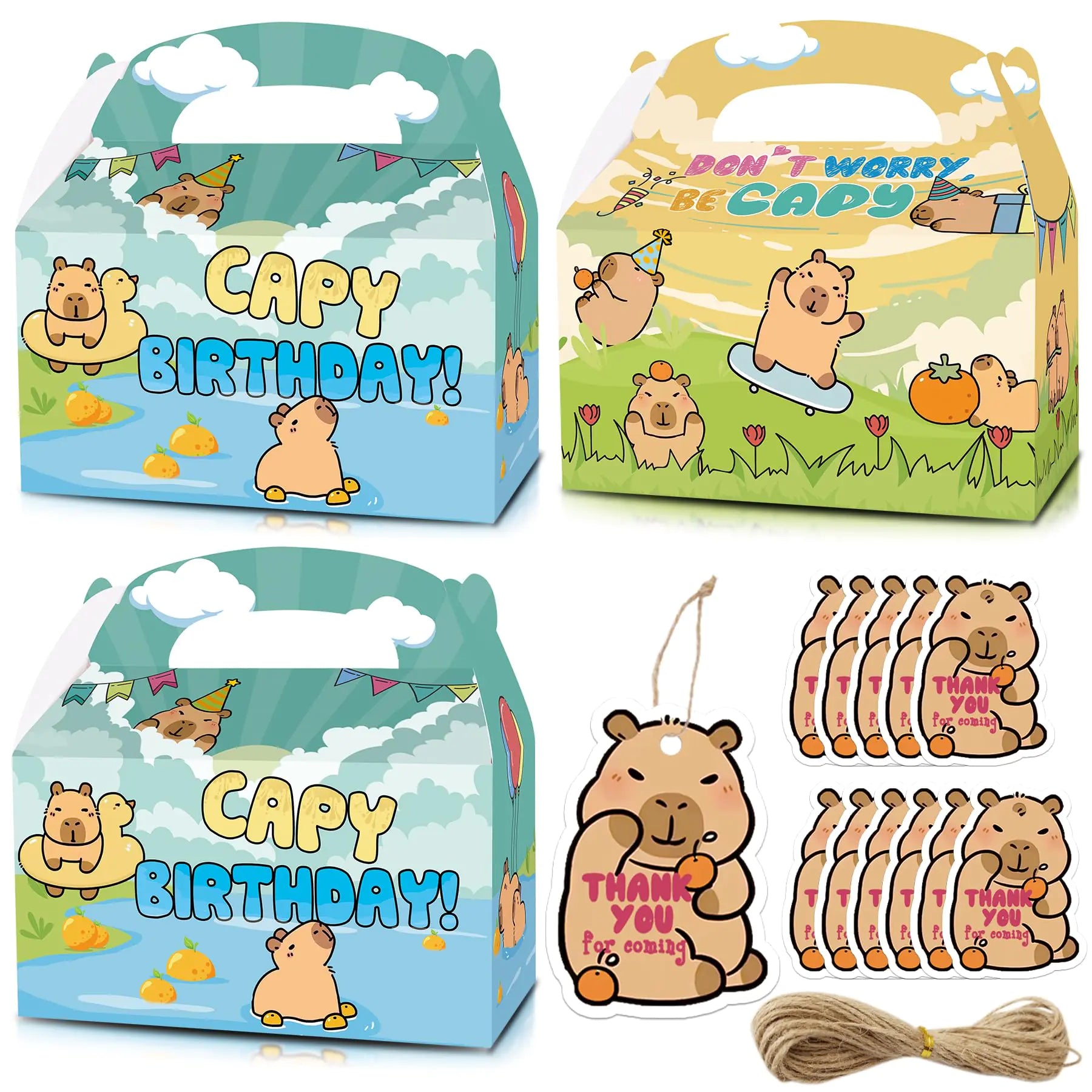 KARAQY Capybara Party Favor Boxes 12 Pcs Capybara Goodie Gift Treat Boxes with Thank You Tags for Birthday Party Supplies