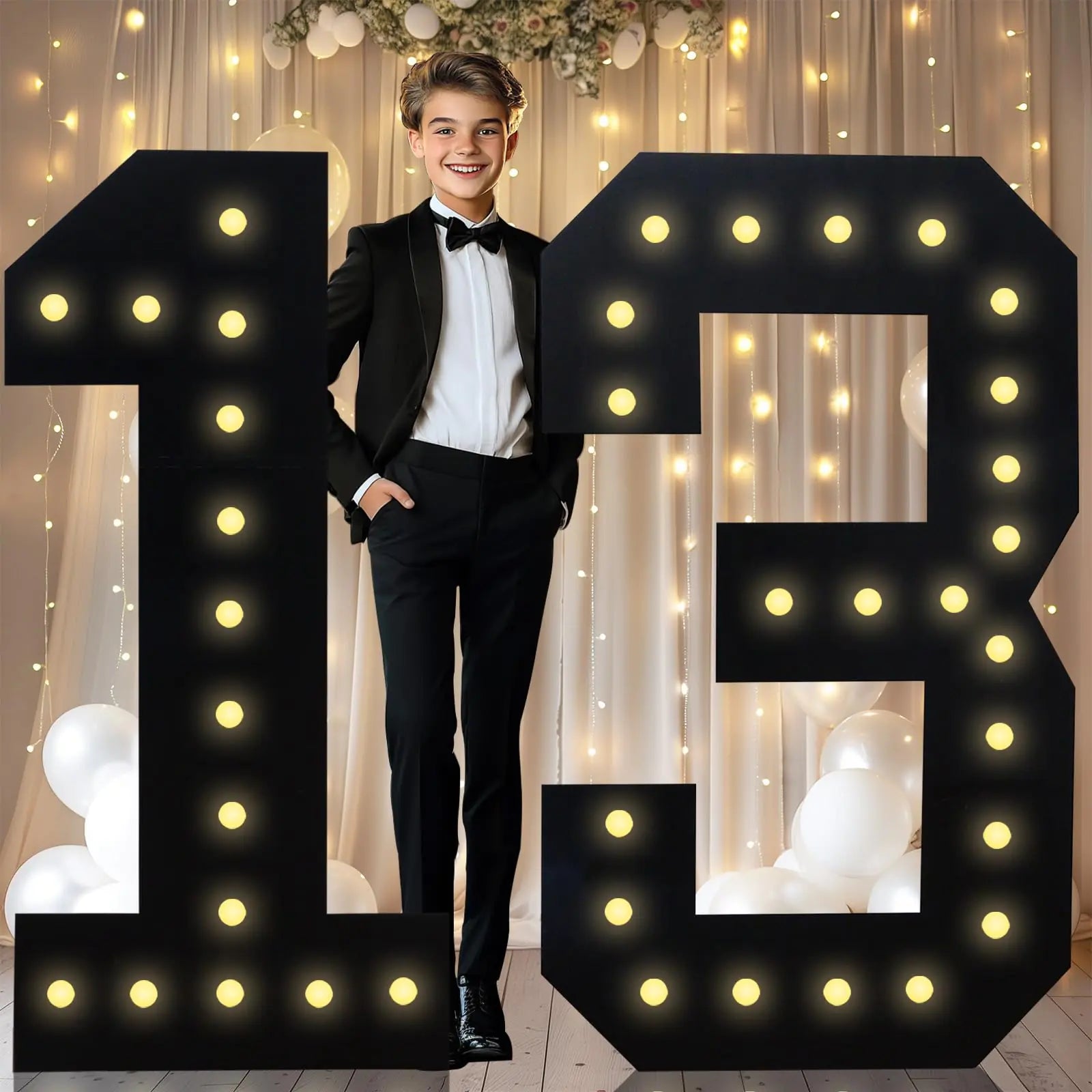 4FT Marquee Light Up Numbers Black Giant Marquee Number Big Mosaic Number for 13th Birthday Party Decorations Boys Backdrop 13 Anniversary Decor Pre-Cut Frame Large Number 13