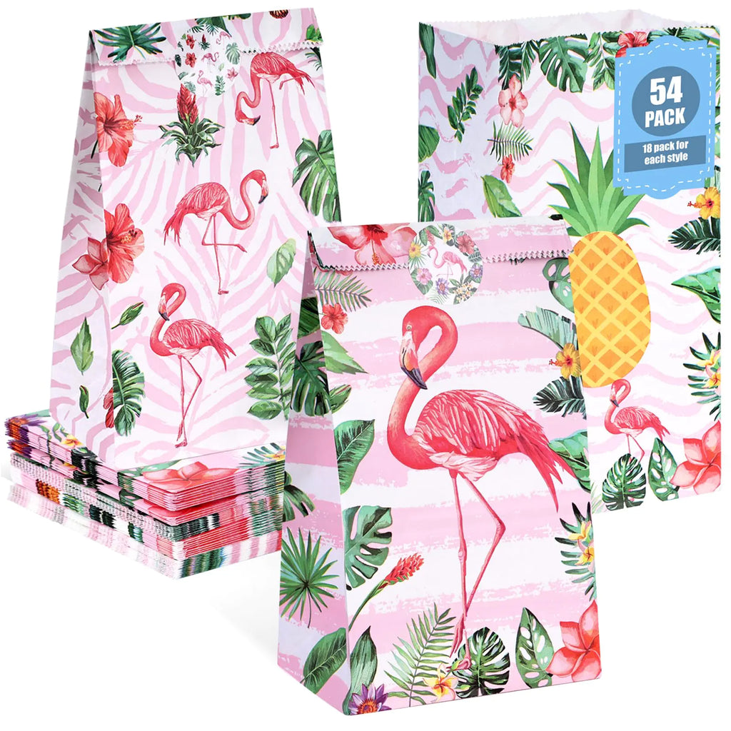 VGOODALL 54PCS Party Favors Bags Flamingo Gift Bags Hawaii Paper Treat Bags with Stickers Goodie Bags for Birthday Luau Party