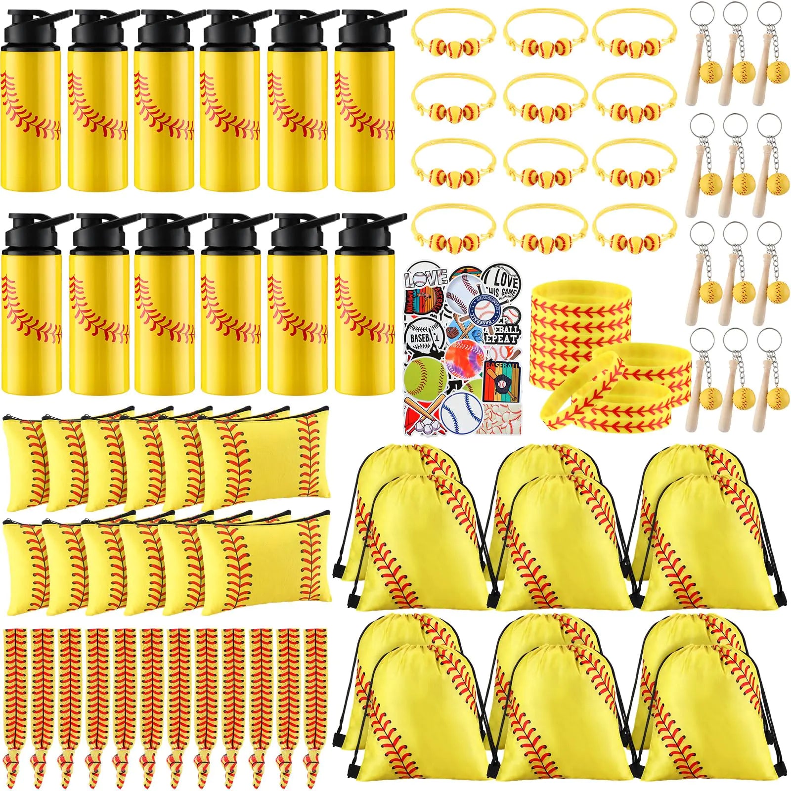 Layhit 134 Pcs Baseball Party Favors Set Include Cosmetic Bag Drawstring Backpack Hair Ties Charm Bracelets Silicon Bracelet Water Bottles Keychains Stickers for Sport Team (YellowSoftball)