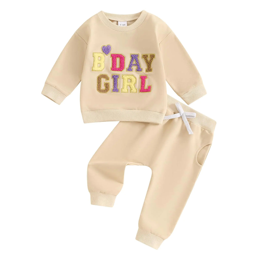 Kayotuas Baby Girl Fall Clothes Birthday Girl Outfit Letter Embroidery Sweatshirt Long Sleeve Pullover Tops & Pants 2Pcs Set (Apricot 18-24 Months)