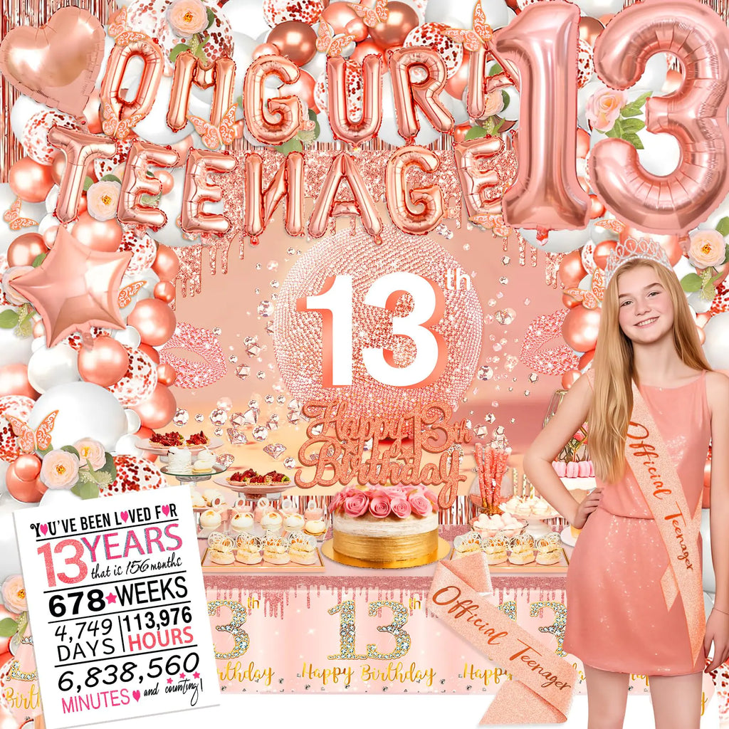 13th Birthday Decorations for Girls Rose Gold 13th Birthday Decorations OMG UR A Teenager Banner Balloons Birthday Card Official Teenager Birthday sash Backdrop for 13 Birthday Girl Decorations