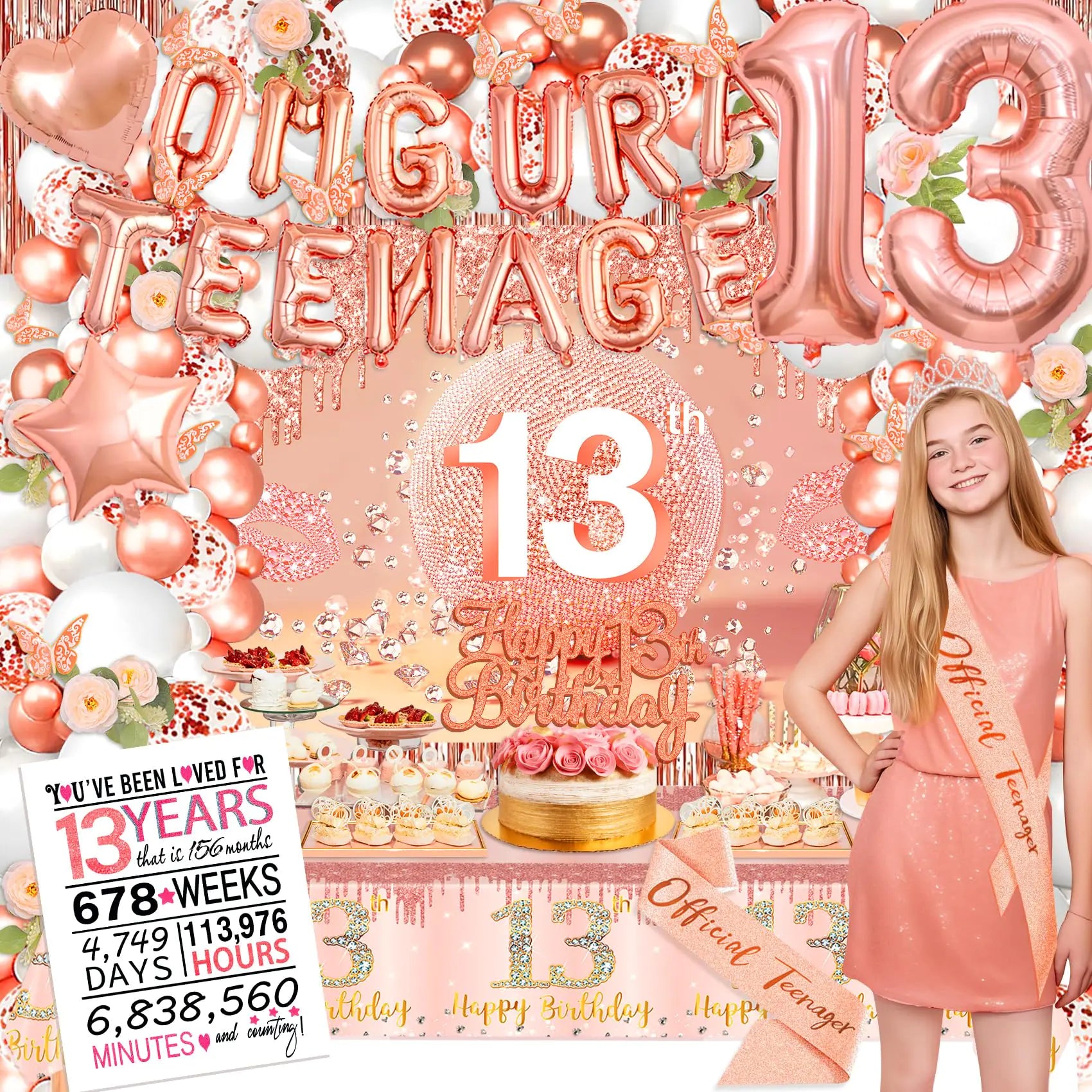 13th Birthday Decorations for Girls Rose Gold 13th Birthday Decorations OMG UR A Teenager Banner Balloons Birthday Card Official Teenager Birthday sash Backdrop for 13 Birthday Girl Decorations