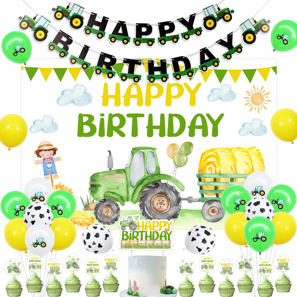 Sursurprise Tractor Birthday Decorations for Boy Tractor Birthday Backdrop Banner Cake Topper Balloon for Farm Tractor Birthday Party Supplies